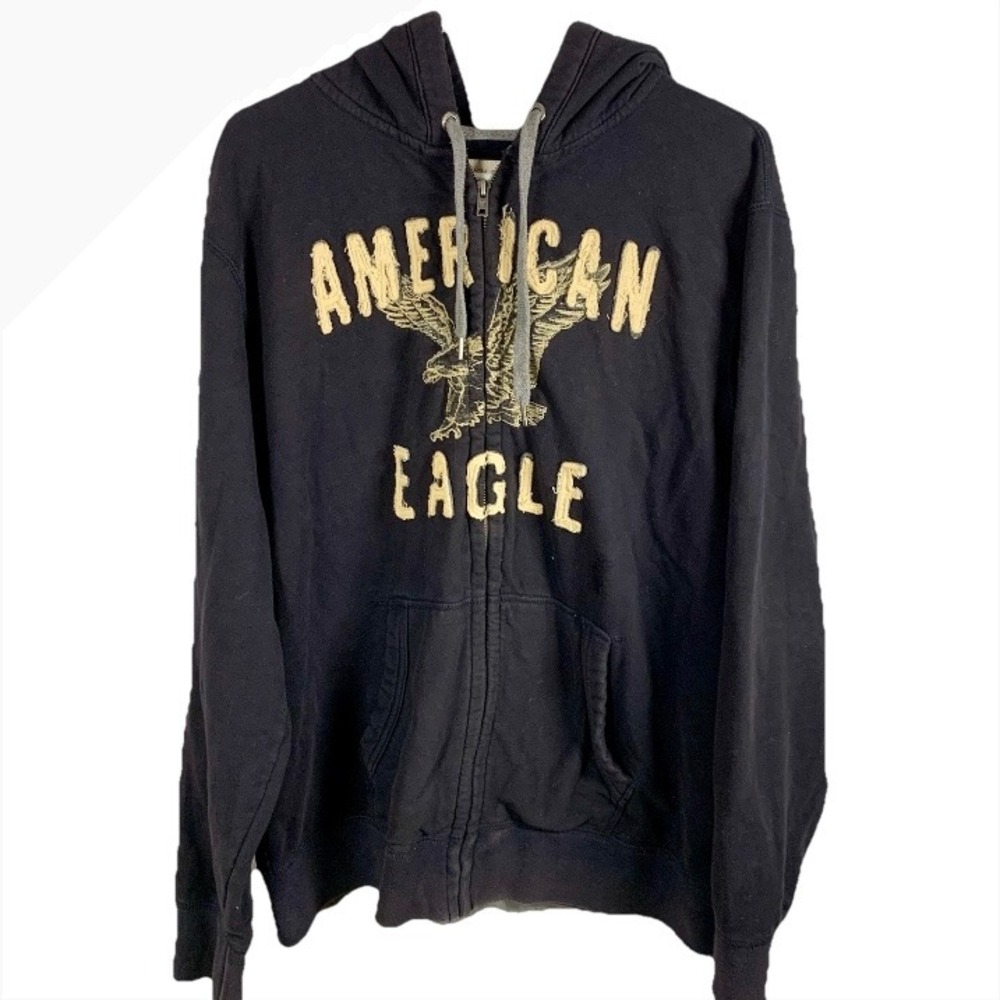 American Eagle Black Full Zip Hoodie Eagle Graphic Men XL Y2K Spell Out Skater